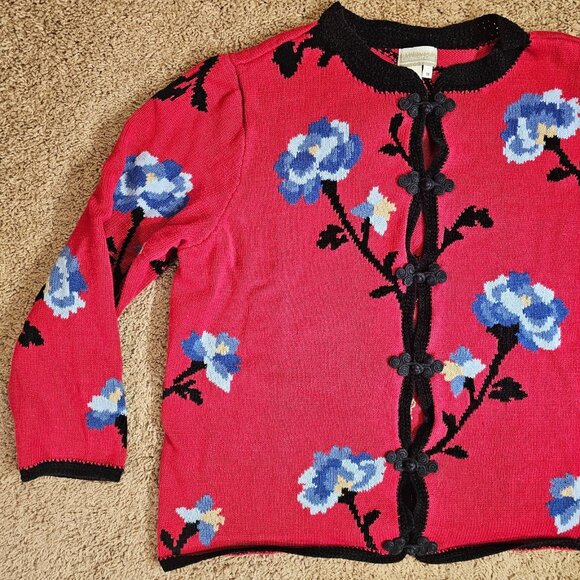 Coldwater Creek Cardigan Sweater Womens 3X Red Floral Frog Closures 90s Y2K - Picture 3 of 11